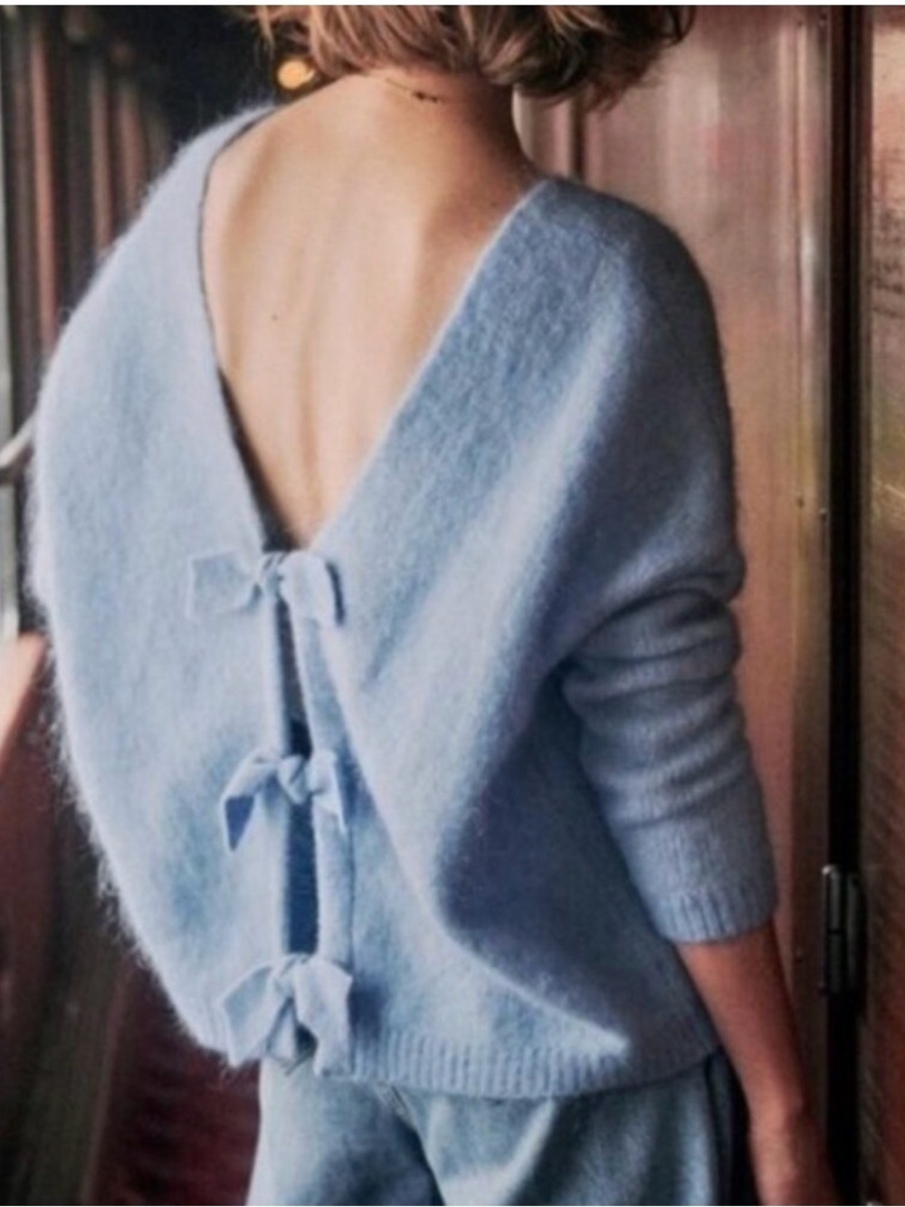Sezane Aurette V Neck Bow Jumper Sweater Light Blue Size XS